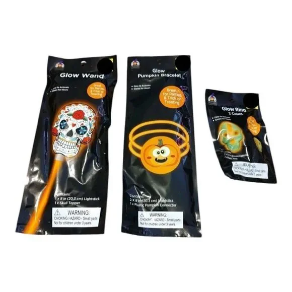 Lot of 3 - Glow in the Dark Skull Wand & Ring Pumpkin Bracelet Party Favor New