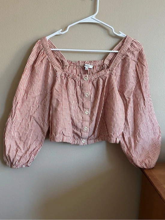 Madewell Puff-Sleeve Button-Front Crop Top in Embroidered Stripe Size Medium