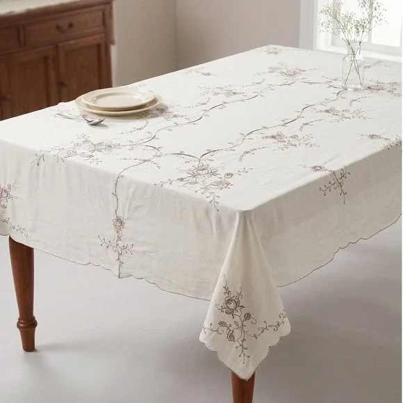 Vintage Antique Hand Embroidered White Linen Tablecloth Scalloped Cutwork Floral