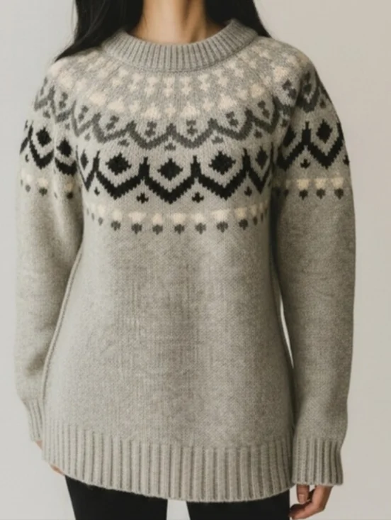 J. Crew Cream,Grey and Black Fair Isle Wool Blend Sweater M
