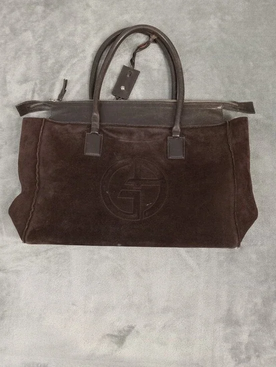 Georgio Armani Dark Brown Suede Women's Tote Bag with Leather Handles One Size