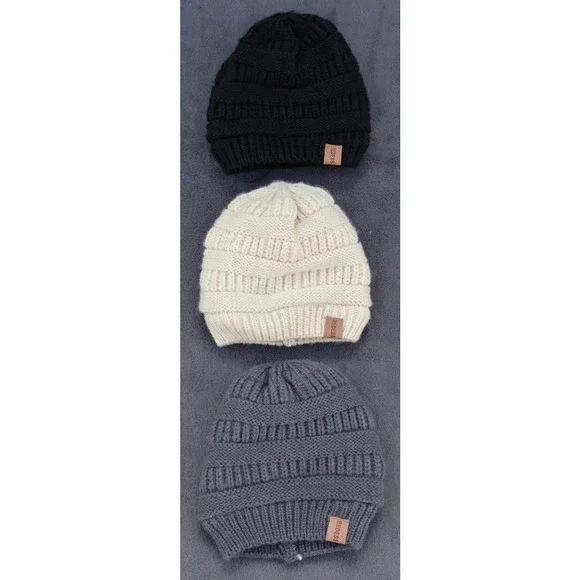 Redess Toddler Girls Beanie One Size Grey,Black & Beige Knit Winter Hat Thick X3