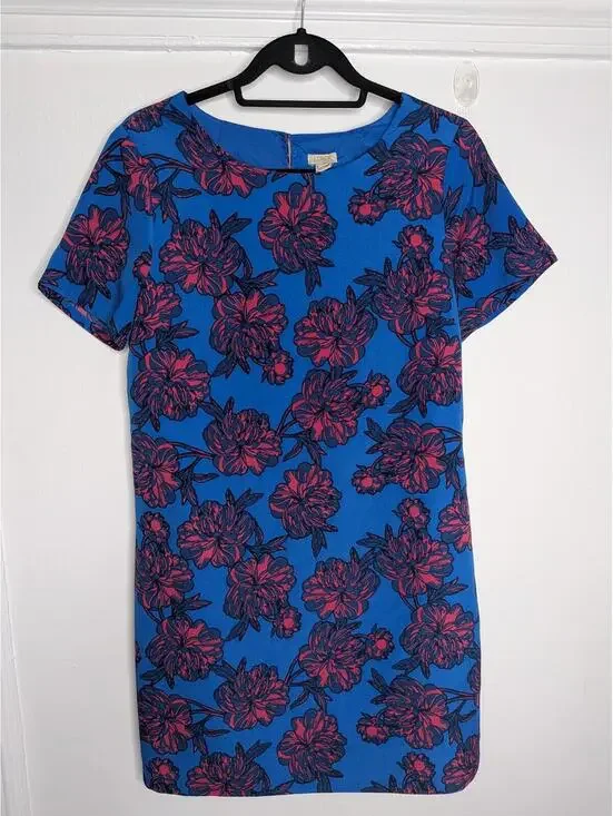J.Crew Dress Womens 8 Blue Floral Crew Neck Shift Short Sleeve Lined Mini