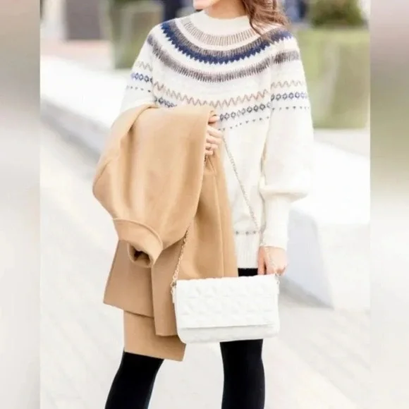 J. Crew Off White Fair Isle Yoke Puff Sleeve Sweater XXS