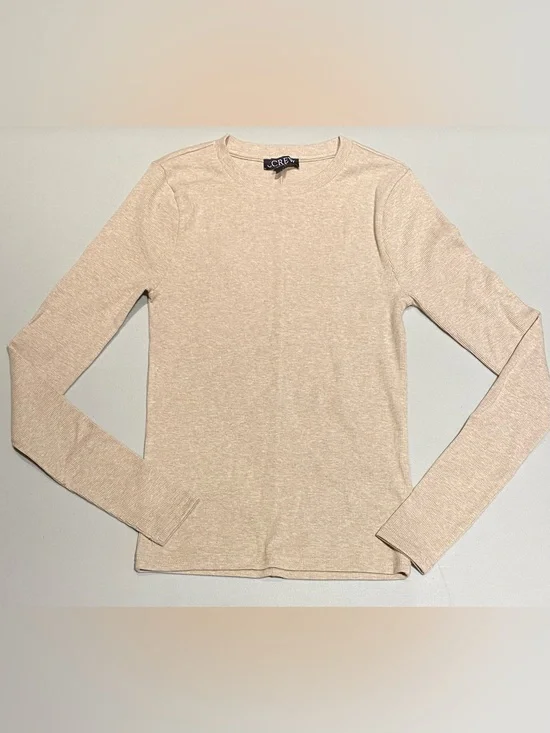 J. Crew Heather Oatmeal Long Sleeve Crew Neck Top Back Seam, Size S
