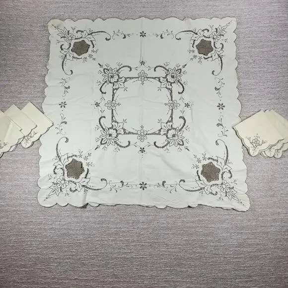 Vintage Handmade Cutwork Embroidered Tablecloth 29.5x31 Ivory Lace Floral