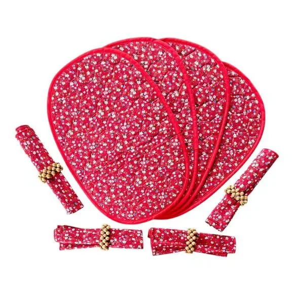 VTG Red Ditsy Floral Quilted Placemat Napkin And Wooden Beaded Ring Set Of 4