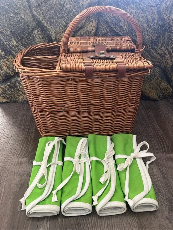 Boho Cottage Vintage Wicker Picnic Basket with Green Roll-Up Placemat Napkins