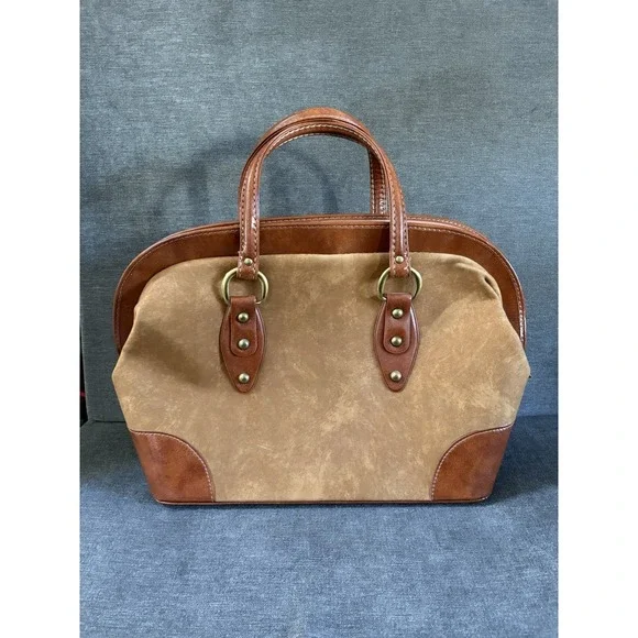 Vintage Leather Dove Duffle‎ Bag With Zipper Canvas Inside Brown