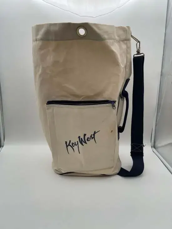 Vintage Key West Canvas Duffle‎ Bag, Cream/Navy Blue, Souvenir Travel Tote