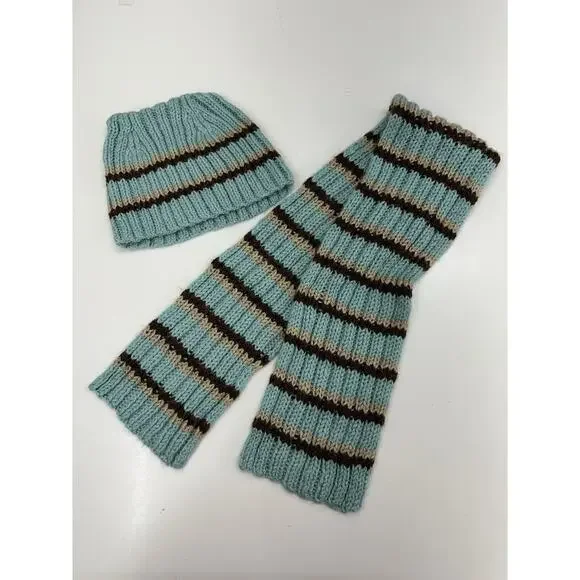 Handmade Childrens Winter Hat and Scarf Set Blue Brown Striped Knit