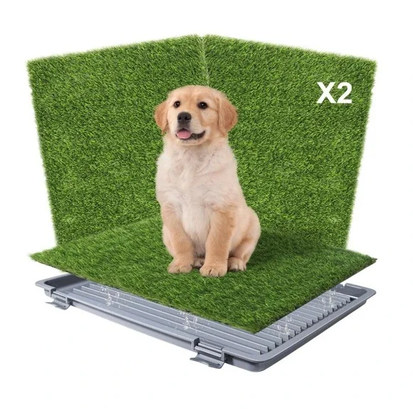 2-Pack Reusable Dog Artificial Turf Grass Pad with Grey Tray 22''X18''