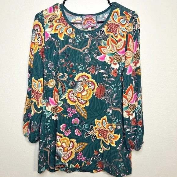 Johnny Was‎ Orizaba Puff Quarter Length Sleeve Green Floral Paisley Small