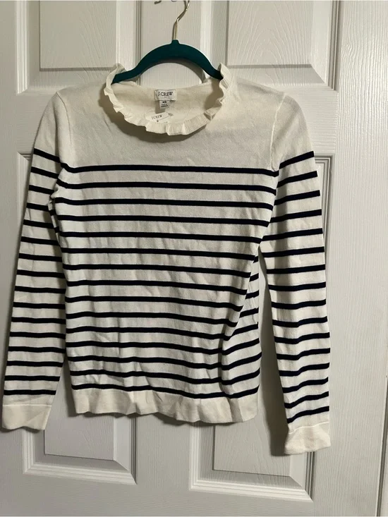 J. Crew Cream and Navy Striped Ruffleneck Sweater NWT XS