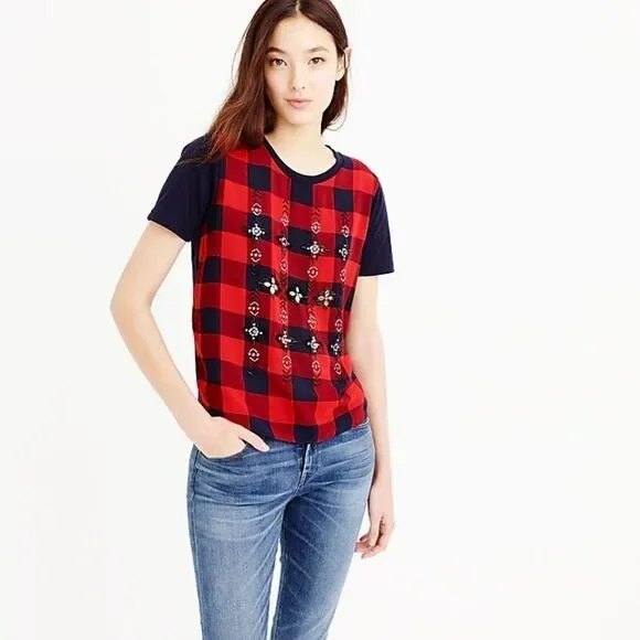 J. Crew Embellished Tartan Plaid T Shirt Small