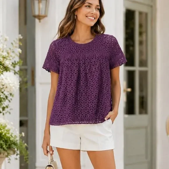 J.Crew Purple Eyelet Short Sleeve Shirt Size 8