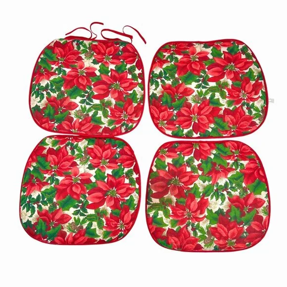 SET OF 4 CHRISTMAS HOLIDAY RED & GREEN POINSETTIA CHAIR CUSHIONS