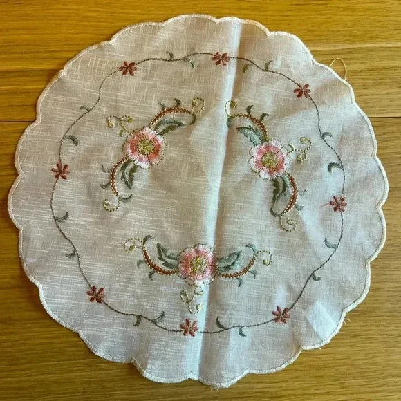 Vintage Hand-Embroidered Round Lace Doily - 11” Floral Design