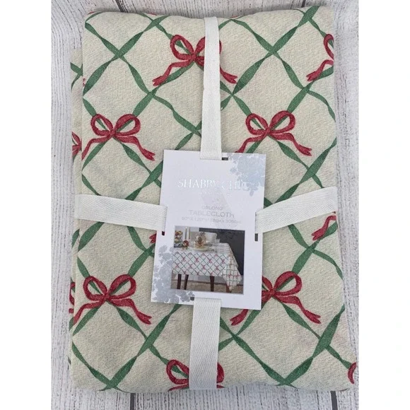 Shabby Chic Tablecloth 60x120 Cream Christmas Red Bow Green Lattice Holiday