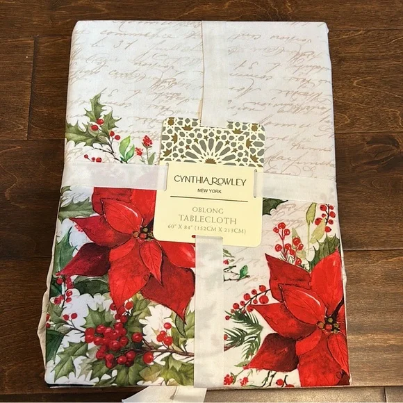 Cynthia Rowley 60”x84” tablecloth Christmas poinsettia