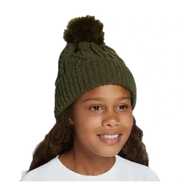 NWT DSG Girl's Cable Pom Beanie, Olive