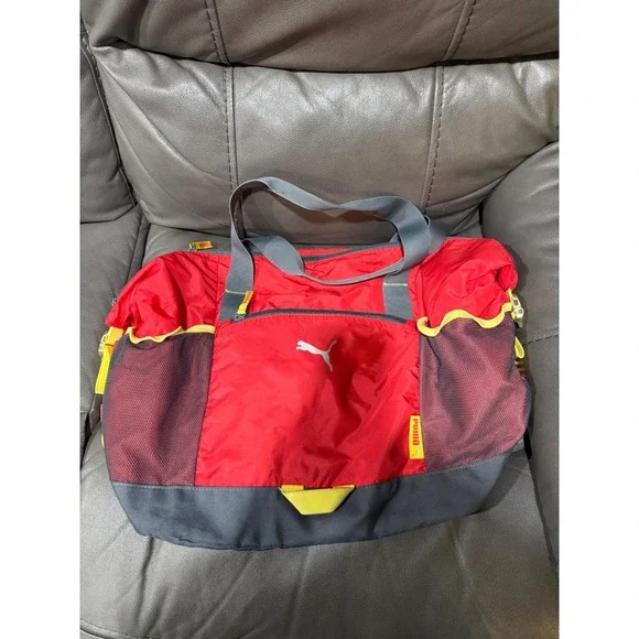 Puma Sportlifestyle Duffel Bag Red Grey Yellow Athletic Gym Travel Carryall