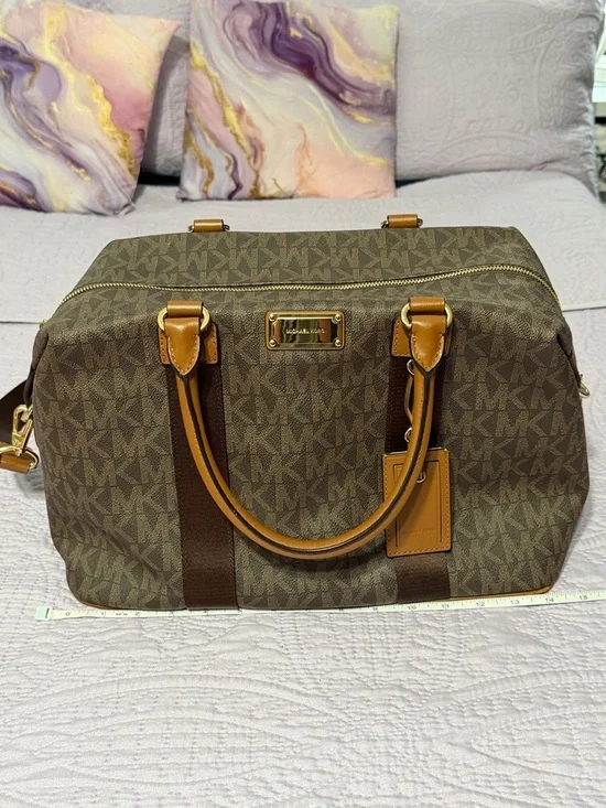 Michael Kors Brown Monogram Travel Bag with Tan Leather Trim