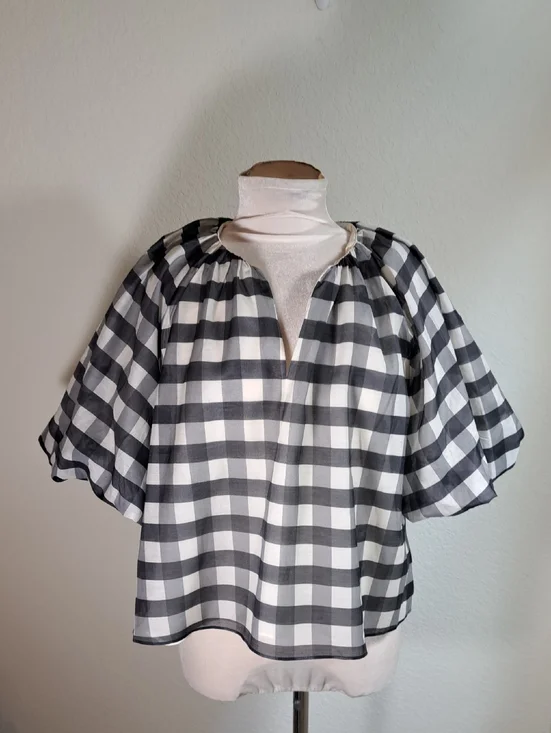 Madewell by J.Crew NEW Women’s Bubble Puff Sleeves Top Black White Gingham Sz 6