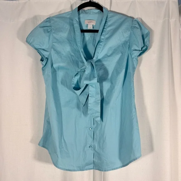 LOFT Light Blue Tie Front Blouse Short Sleeve Top