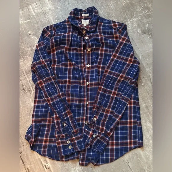 J. Crew Navy and Rust Boy Fit Plaid Button Down Shirt