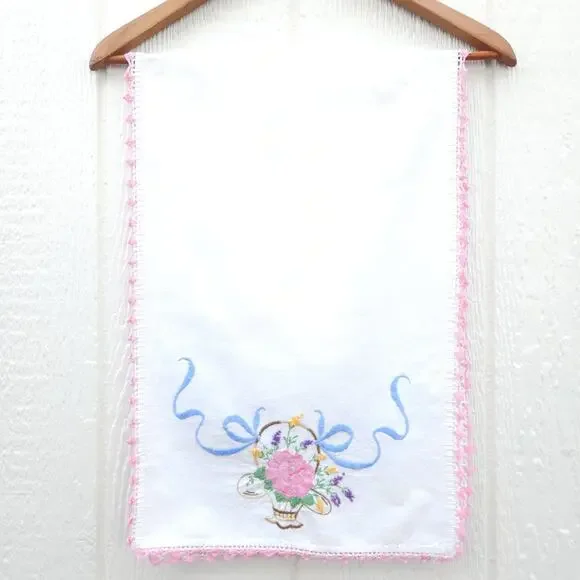 Vtg Table Runner Pink Floral Basket Cotton Embroidery MCM Valentine Shabby 13x41