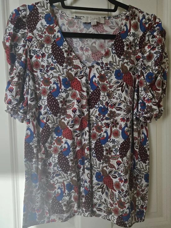 LOFT White Floral & Bird Puff-Sleeve Blouse with Blue and Red Accents