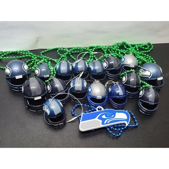 17 pc Seattle Seahawks Fan Lot - Mini Helmet Bead Necklace Ornament Keychain Dec