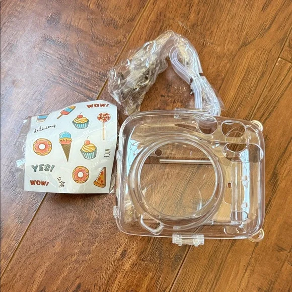 NWOT Mini 11 Clear Crystal Camera Protective Case with Stickers and Strap