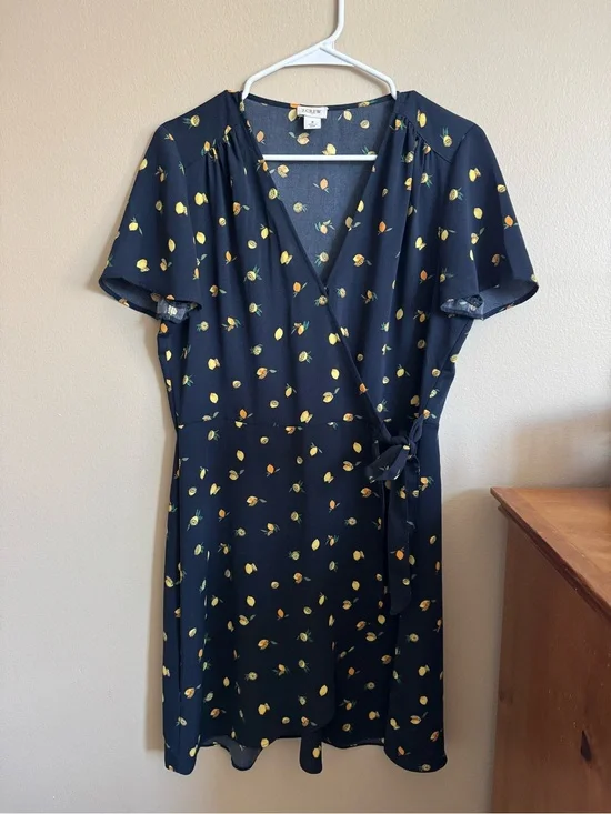 J. Crew Navy Lemon Print Faux Wrap Dress Size 8