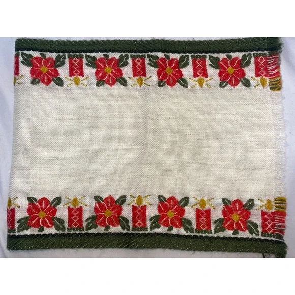 Vtg Woven German Style Table Runner Xmas Poinsettia Candles Fringes 15x19.5