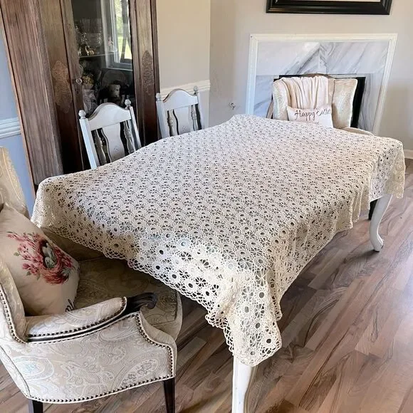 Vintage Hand Crochet Antique Cream Beige 67” x 44” Table Cloth or Bed Coverlet
