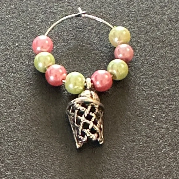 Wine glass tag, stainless steel hoop, green/pink beads, basketball charm