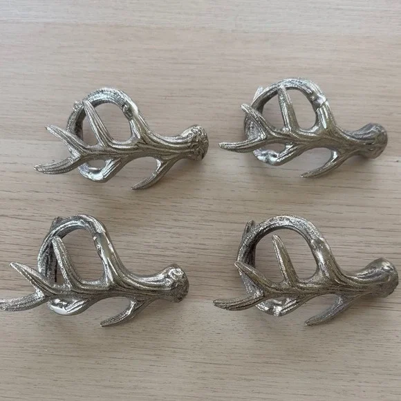 Silver Tone Antler Napkin Rings Rustic Lodge Cabin Christmas Decor Set of 4