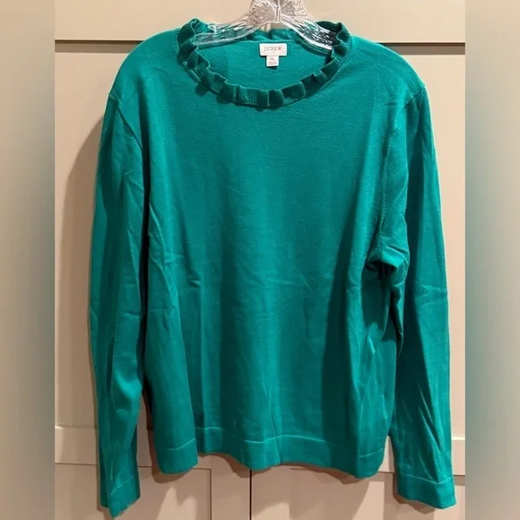 EUC J. Crew Teal Ruffle Neck Sweater SZ XL