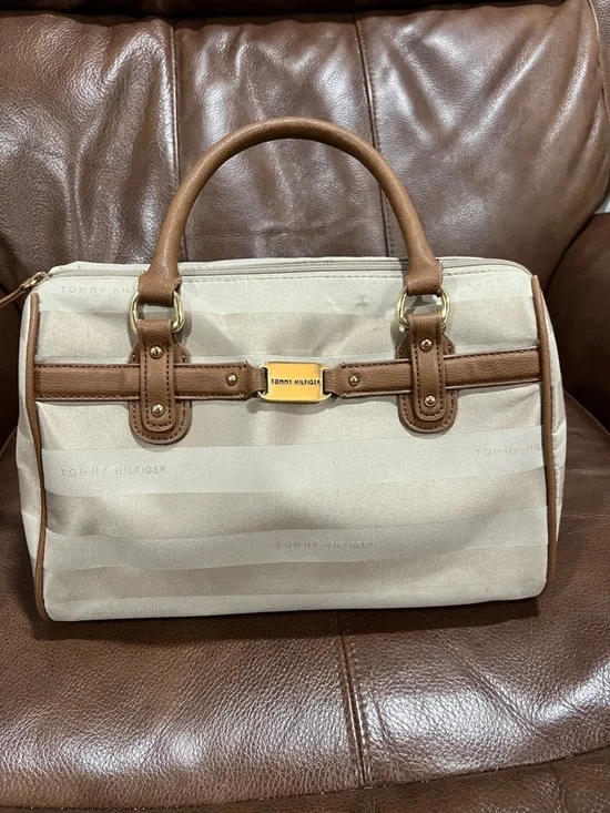 Tommy Hilfiger Beige and Brown Canvas Duffel Satchel