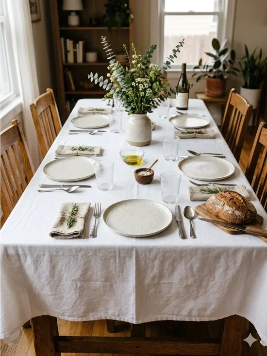 White Heavyweight Cotton Rectangle Tablecloth 56x92 Boho Minimalist Pristine EUC