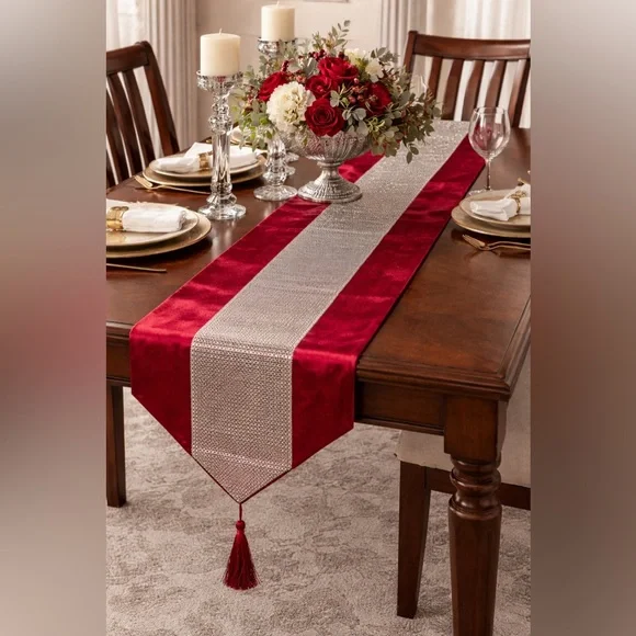Elegant Red and Silver Table Runner