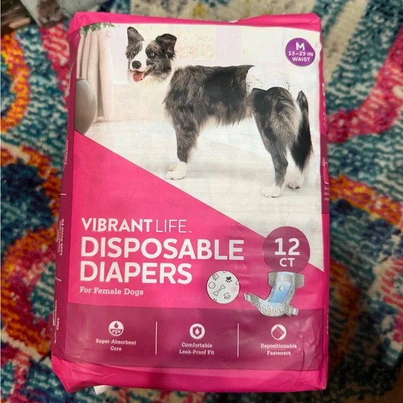 Brand New Vibrant Life Disposable Diapers for Female Dogs - 12 Count Size Medium