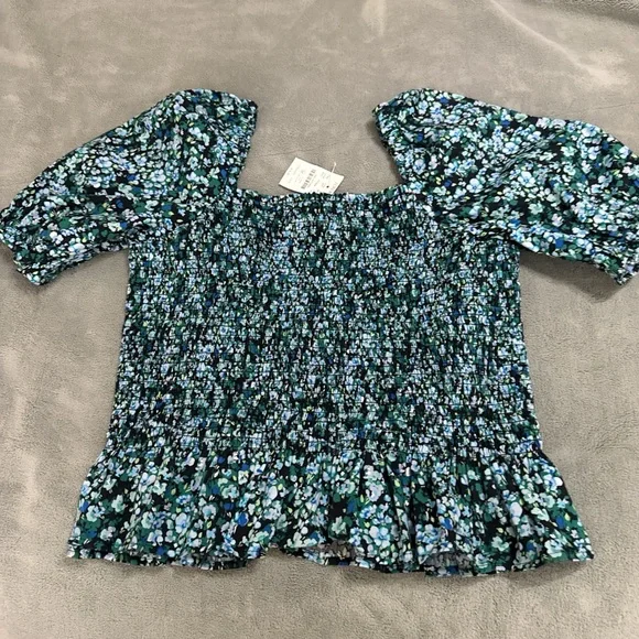 J. Crew Navy Blue & Green Floral Smocked Puff-Sleeve Top