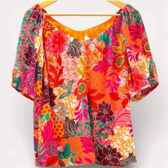 LOFT‎ XS NWT Floral Patchwork Blouse Puff Sleeve Orange Lined Boho Top Tropical