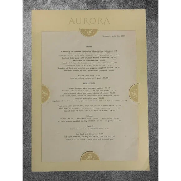 1987 AURORA Resturant Dinner Menu