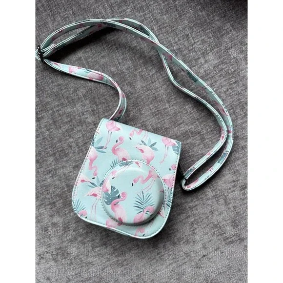 Flamingo Print Light Blue Padded Fujifilm Instax Mini Camera Case with Strap