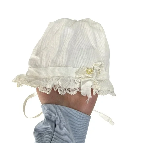 Cottagecore Vintage Lace Trim Ruffled Baby Bonnet OS White Victorian Coquette