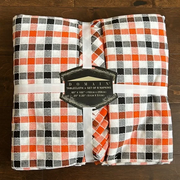 Domain Tablecloth & 8 Napkin Set 60”x102” Plaid Halloween Orange Black New
